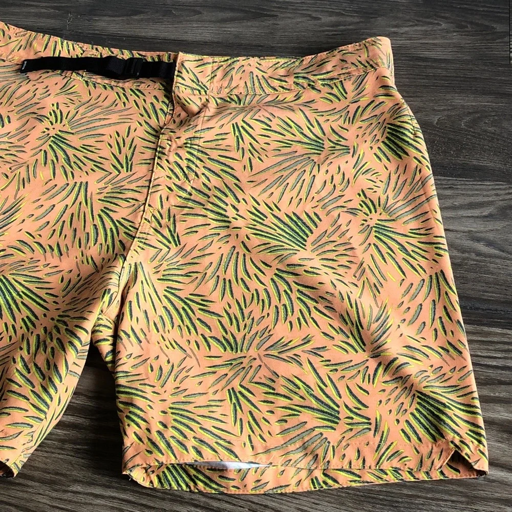 Prana Mens Rock Shock Swim Shorts Waist Belt Orange Pattern 34 6”